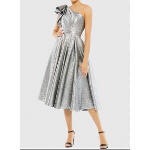 NEW Mac Duggal 67906 Silver Metallic One Shoulder Bow Brocade Cocktail‎ Dress 4